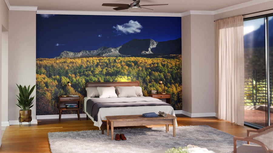 A modern bedroom features a bed with white and gray bedding, wooden nightstands, and the Aspen Forest and Mountains Wall Mural. Sunlight streams through sliding glass doors with sheer curtains, while cozy decor and a green plant complete the look.