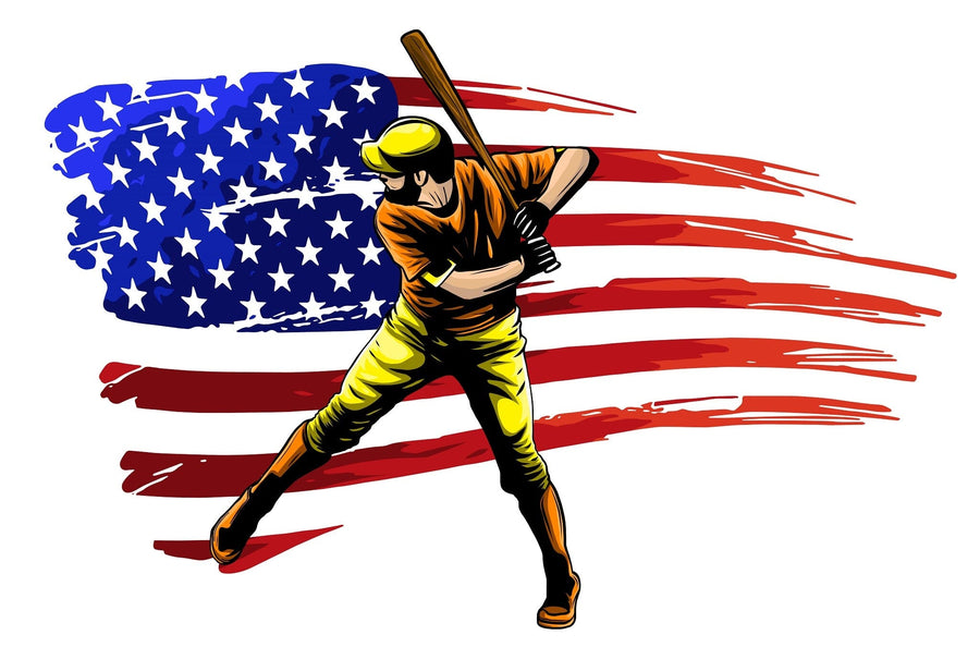 A modern bedroom showcases the Baseball Art Wall Mural with a player swinging a bat before a stylized American flag, complemented by a desk, chair, bed, soccer ball, framed art pieces, and sunlit window blinds.