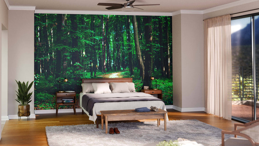 A modern bedroom features the Beautiful Green Forest Trail Wall Mural behind the bed, wooden furniture, gray rug, potted plant, large windows with sheer curtains, and sunlight streaming in for a cozy, serene ambiance.