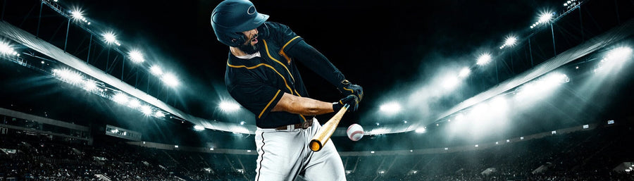 A modern bedroom showcases the Big Swing Wall Mural, a peel and stick mural of a baseball player mid-swing in a stadium. The space includes a desk, chair, bed, white storage cabinets, a soccer ball on the floor, and warm natural light.