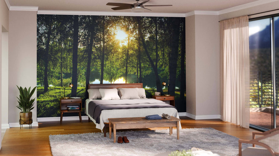 A modern bedroom features a bed against a feature wall adorned with the Birch Trees Green Leaves Wall Mural. The space includes wooden nightstands, a bench, gray rug, potted plant, wood flooring, and sliding glass doors with sheer curtains.