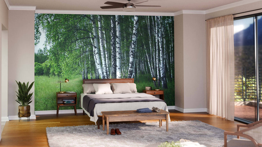 Modern open living and dining area with wooden floors, teal armchairs, and a gray sofa. The Birch Trees Grouping Wall Mural adds a natural touch, while warm lighting and contemporary decor perfect the inviting atmosphere.