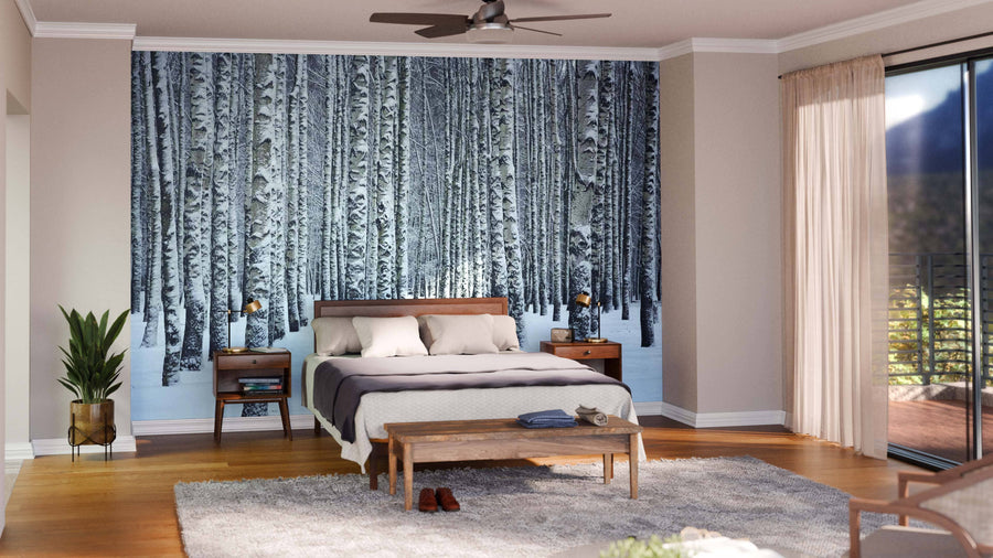 A modern living and dining area with wooden floors, teal and wooden furniture, patterned rugs, pendant lights, an open kitchen, plus a stunning Birch Trees In Winter Forest Wall Mural as a feature on one wall.