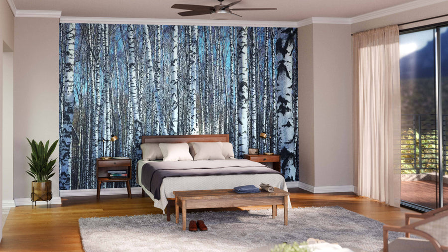 A modern open-plan living and dining room with wood floors, teal armchairs, a gray sofa, and the Birch Trees On Blue Sky Wall Mural on the partition. A wooden dining table with dark chairs sits beneath globe pendant lights, with rugs adding warmth.