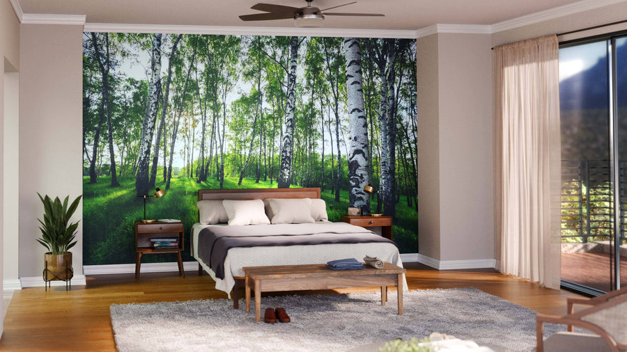 A modern open-plan living and dining area with wood floors, green armchairs, a dark wood dining table, and the Birch Trees with Summer Sun Wall Mural, bringing a sunlit forest vibe and natural beauty to the contemporary interior.