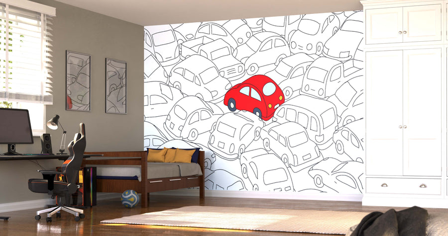 A modern bedroom with a computer desk, bed, and white closet features the Car Traffic Jam Wall Mural—hand-drawn black-and-white cars with one bright red car for a bold accent. Sunlight streams in through window blinds.