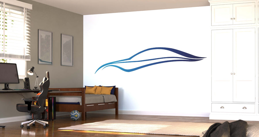 A modern bedroom showcases the Mavi Otomobil Logosu Wall Mural behind a bed with yellow pillows, a desk with computer and chair, framed art, wardrobe, sunlit blinds, and a basketball resting on the wooden floor.