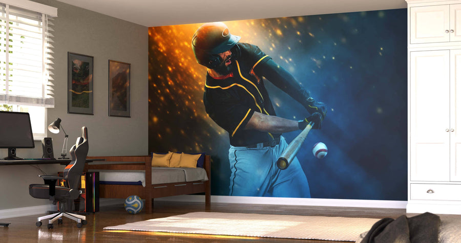 A modern bedroom features the Power Swing Wall Mural, a vivid peel and stick mural of a baseball player swinging a bat. Combined with personalized decor, bed, desk, chair, soccer ball, and blinds, the room feels sporty and creative.