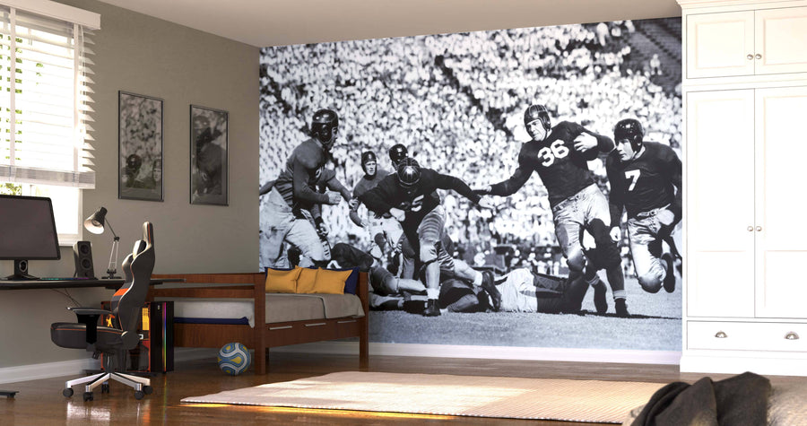 A modern bedroom with a desk, chair, and daybed features the Touchdown Wall Mural—a large black-and-white custom mural of a vintage football game. Sunlight filters through window blinds, casting dramatic shadows across the floor.