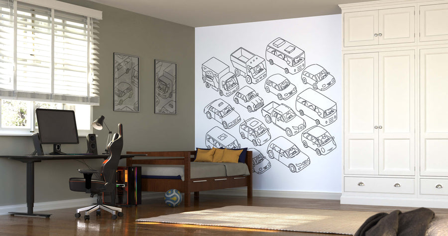 A bright, modern bedroom features a bed, desk, chair, large white wardrobe, and a soccer ball on the floor. Above the bed, the peel-and-stick Traffic Jam on The Road Wall Mural brings playful charm as sunlight streams through the window.