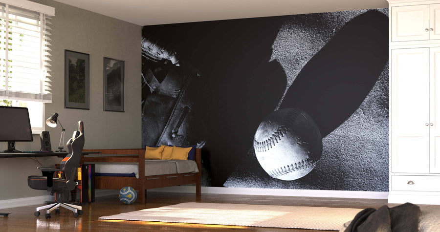 A modern bedroom is highlighted by the Vintage Baseball Wall Mural, showing a close-up of a baseball and glove. The space features a desk, chair, bed with pillows, artwork, canvas accents, blinds, wardrobe, and a soccer ball on the floor.