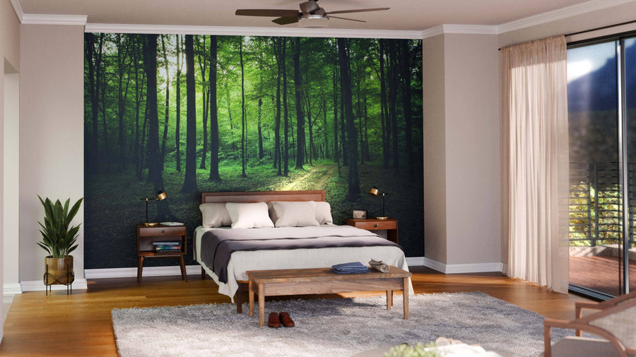 A modern bedroom with the "Fallen Leaves on the Road Wall Mural" behind the bed, neutral walls, wooden furniture, a gray rug, potted plants, sliding glass doors with sheer curtains, and sunlight streaming in.