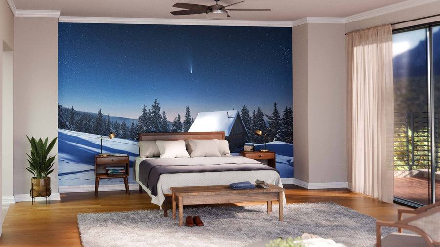 A modern living and dining room with wooden floors, furniture, and indoor plants features the Fantastic Winter Landscape Wall Mural showing a snowy cabin at night, plus a dining table, lounge chairs, sofa, rugs, and lamps.