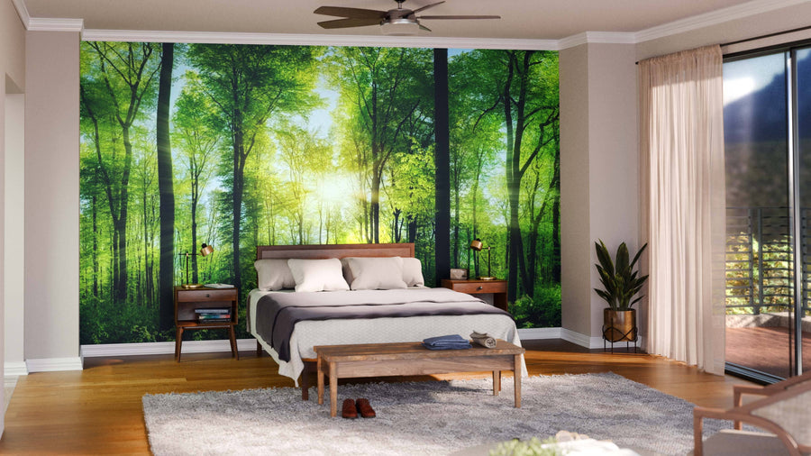 A modern bedroom features the Forest Panorama with Rays of Sunlight Wall Mural behind a wooden bed. Neutral walls, wood floors, sheer curtains, and natural light combine to create a peaceful and inviting atmosphere.