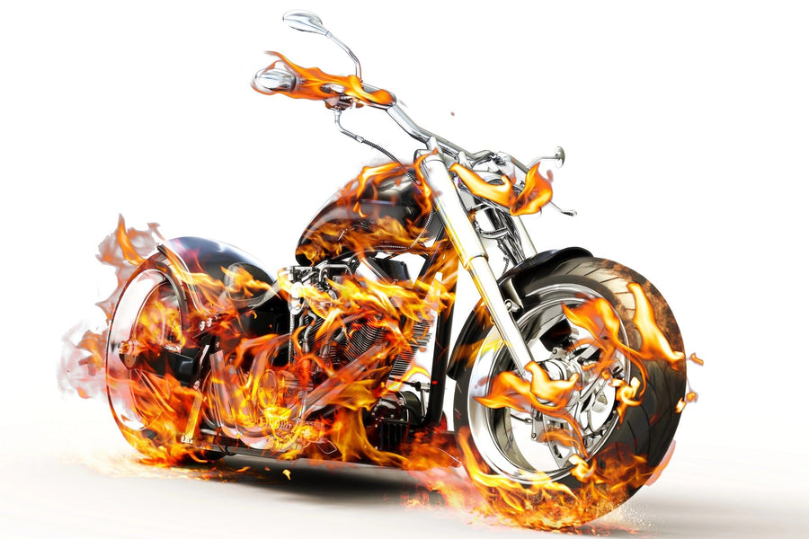 A modern garage with dark cabinets and organized tools features the Burning Bike with Flames Wall Mural, showing a vivid flaming motorcycle. Sunlight streams in through the open door, revealing greenery outside and garden equipment neatly stored.