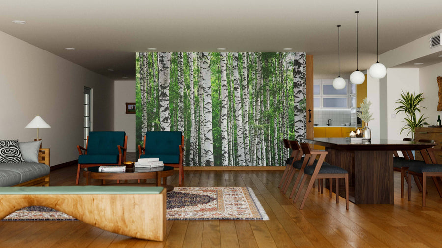 A modern living and dining room with wood floors, blue armchairs, a unique wooden coffee table, and a large "Birch Tree Trunks In Summer Wall Mural." The dining area features globe pendant lights and a kitchen with yellow accents beyond.