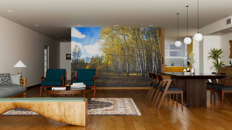 A modern living and dining area with wood floors, teal armchairs, a wooden table, pendant lights, and a sofa features the Birch Trees Blue Sky Fall Wall Mural on one wall, bringing a vibrant autumn scene to the warmly lit space.