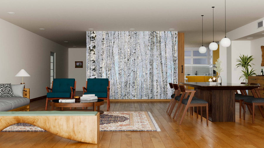 A modern open-plan living and dining room with wood floors, teal armchairs, a gray sofa, and a feature wall displaying the Birch Trees Pale Blue Sky Wall Mural. The dining area includes a dark wood table and pendant lights with kitchen views.