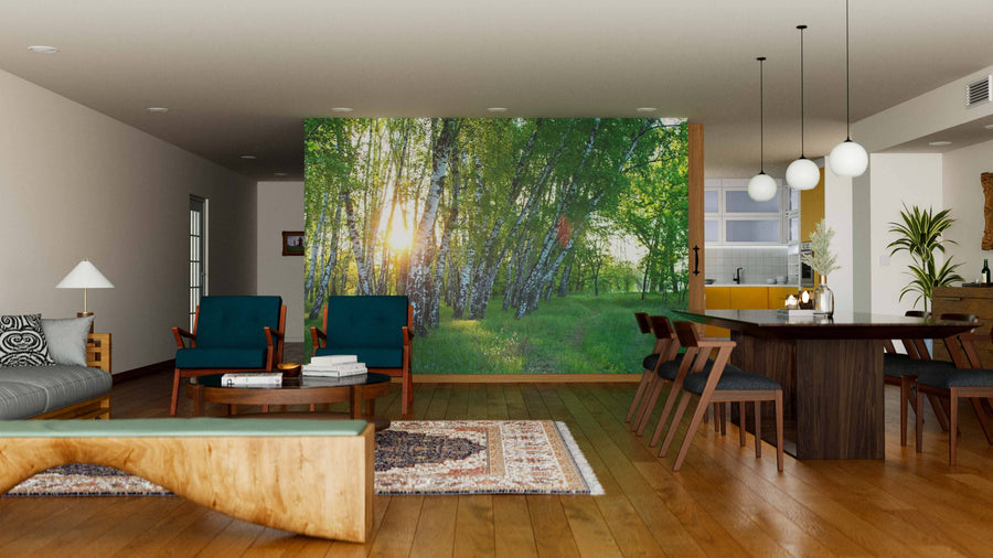 Modern open-plan living and dining area with wooden floors, teal armchairs, a large dining table, and the Birch Trees in The Morning Wall Mural. Contemporary lighting and minimalist decor create a cozy, inviting atmosphere.
