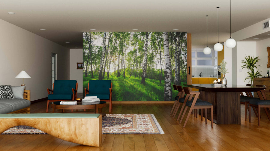 A modern open-plan living and dining area with wood floors, green armchairs, a dark wood dining table, and the Birch Trees with Summer Sun Wall Mural, bringing a sunlit forest vibe and natural beauty to the contemporary interior.