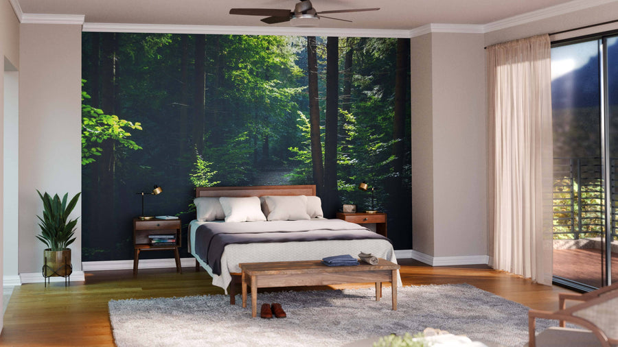 Modern living and dining area with wooden floors, blue chairs, and a large Magical Carpathian Forest Wall Mural. A wooden table with dark chairs sits under globe pendant lights, with contemporary decor and the kitchen visible in the background.