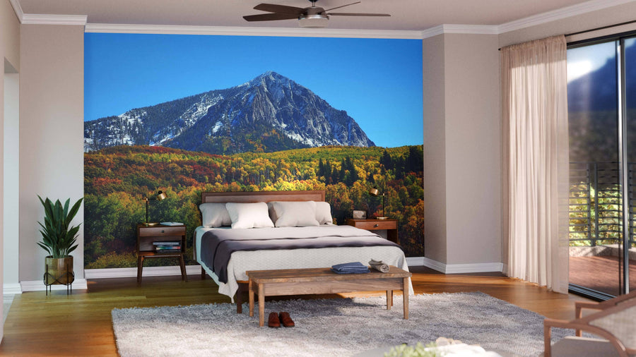 A modern living and dining area with wood floors, mid-century furniture, a large rug, and globe pendant lights is enhanced by the Maroon Bells Mountain In Colorado Wall Mural, adding vibrant color and scenic beauty to the neutral space.