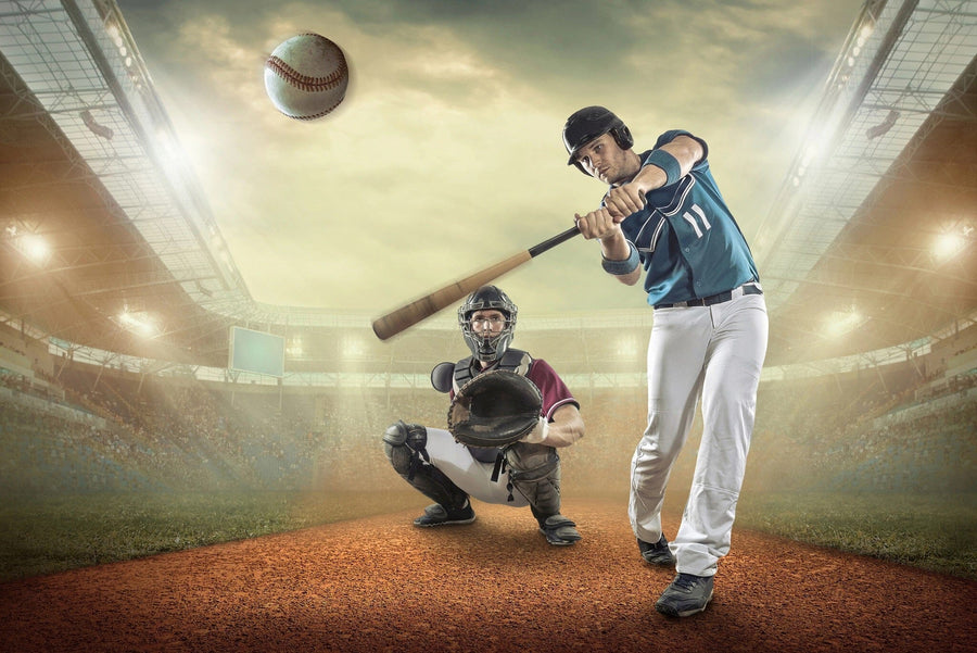 A modern bedroom showcases the Power Hit Wall Mural, depicting a batter swinging in a stadium. The room includes a single bed, a desk with computer, and a soccer ball on the floor.