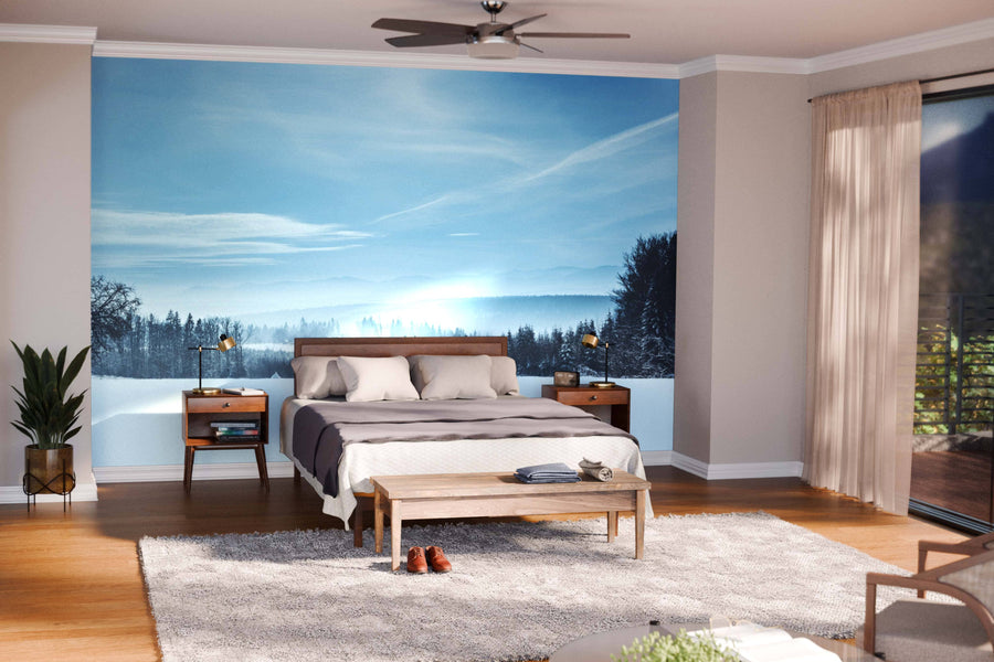 Modern open-plan living and dining room with wood flooring, blue chairs, large table, and globe lights. A wall features the Snowy White Carpathian Mountains Wall Mural, adding a scenic snowy landscape to the cozy, stylish interior.