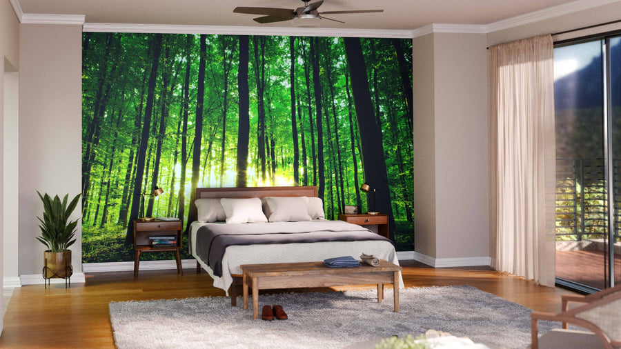 A modern open-plan living and dining area features wooden floors, mid-century furniture, and a Sun Beams Autumn Forest Wall Mural for a bright, natural feel. Contemporary lights hang above the dining table, with the kitchen visible in the background.