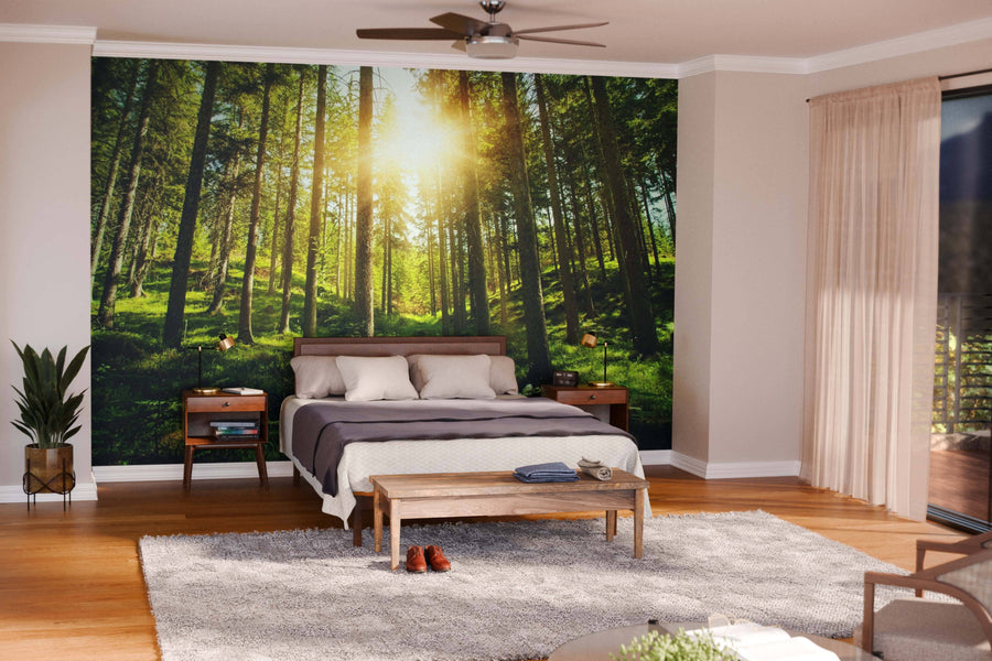 A modern living and dining room with wooden floors, green armchairs, the Sunny Forest Hills Wall Mural on one wall, a dining table with chairs, pendant lights, and an open kitchen. The space feels open and airy.