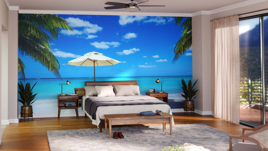 Modern living and dining room with wooden flooring, teal and wood furniture, pendant lights, and a White Beach Wall Mural peel-and-stick mural creates a relaxing, open atmosphere that's easy to refresh.