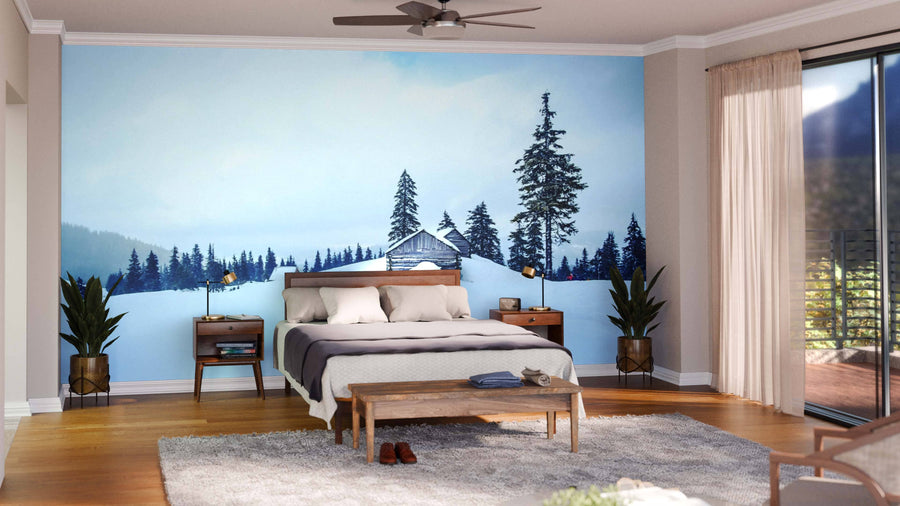 A modern living and dining area with wooden floors, mid-century furniture, and a Wooden Houses on the Hill Wall Mural. Pendant lights illuminate the dining table, while a cozy rug and sofa add warmth to this stylish open space.