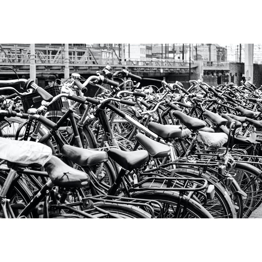 A modern living-dining room with wood floors, blue chairs, a wooden dining table, pendant lights, and the Cruisers Wall Mural featuring a black-and-white photo of tightly packed bicycles. Cozy minimal decor enhances the open space.