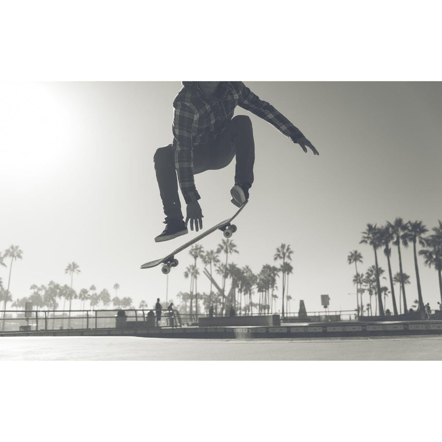 Spacious modern living and dining room with wooden floors, mid-century furniture, a large Venice Wall Mural featuring a skateboarder above palm trees, a rug, blue chairs, wooden table, pendant lights, and neutral walls.