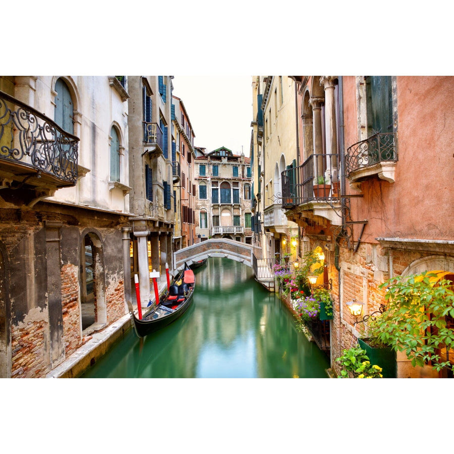 A cozy bedroom with beige walls features the Venice Canals Wall Mural behind the bed, complemented by wood furniture, potted plants, a fuzzy gray rug, and sheer curtains that let in natural light from wide windows.