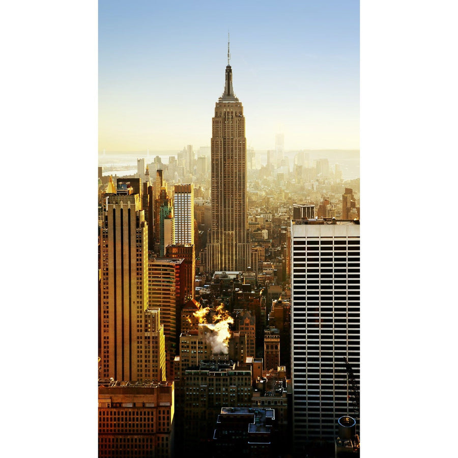 Capture an aerial view of a city skyline at sunrise with the iconic skyscraper in the Empire Wall Mural by CITYSCAPES & SKYLINES. The mural features tall buildings and warm sunlight creating a golden hue under a clear blue sky, perfect for transforming your space.