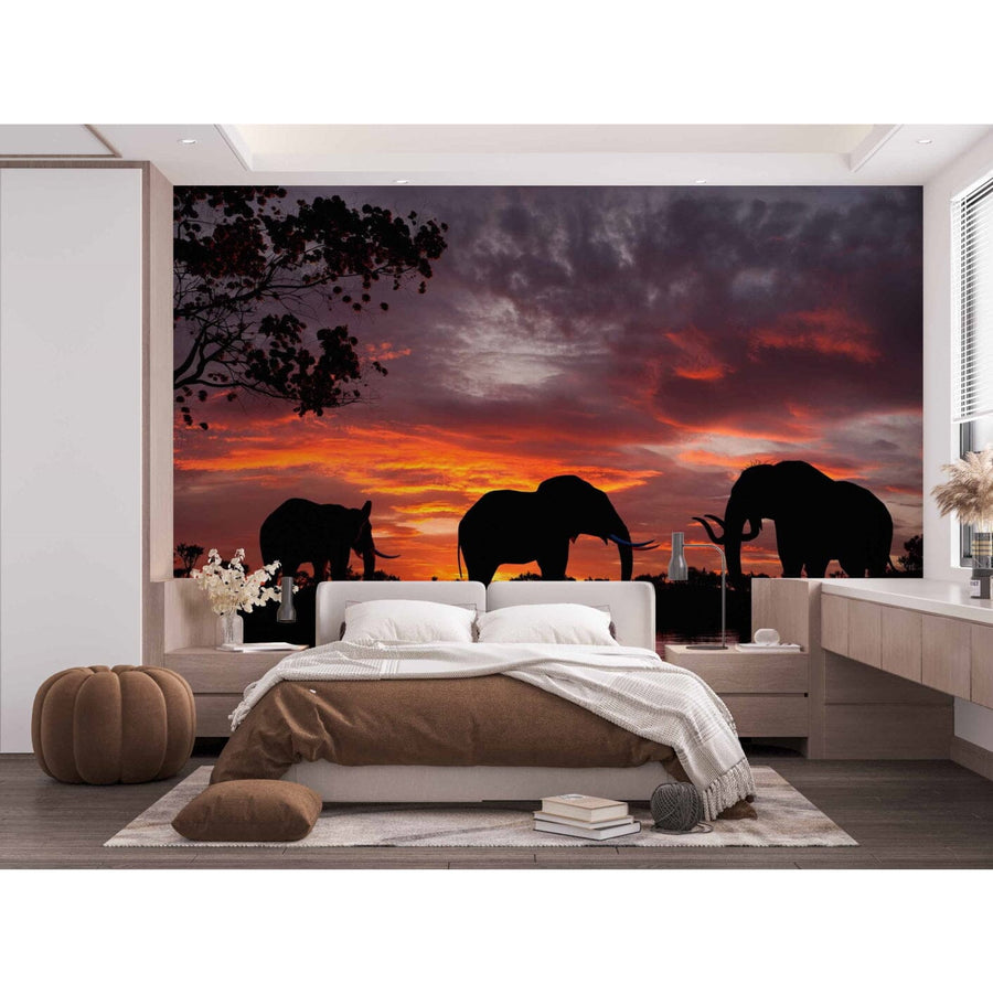 A modern living-dining room features wooden furniture, teal armchairs, and a rug. The Elephants At Sunset Wall Mural adds drama with silhouetted elephants against a fiery red and orange sunset, creating a striking focal point in the space.