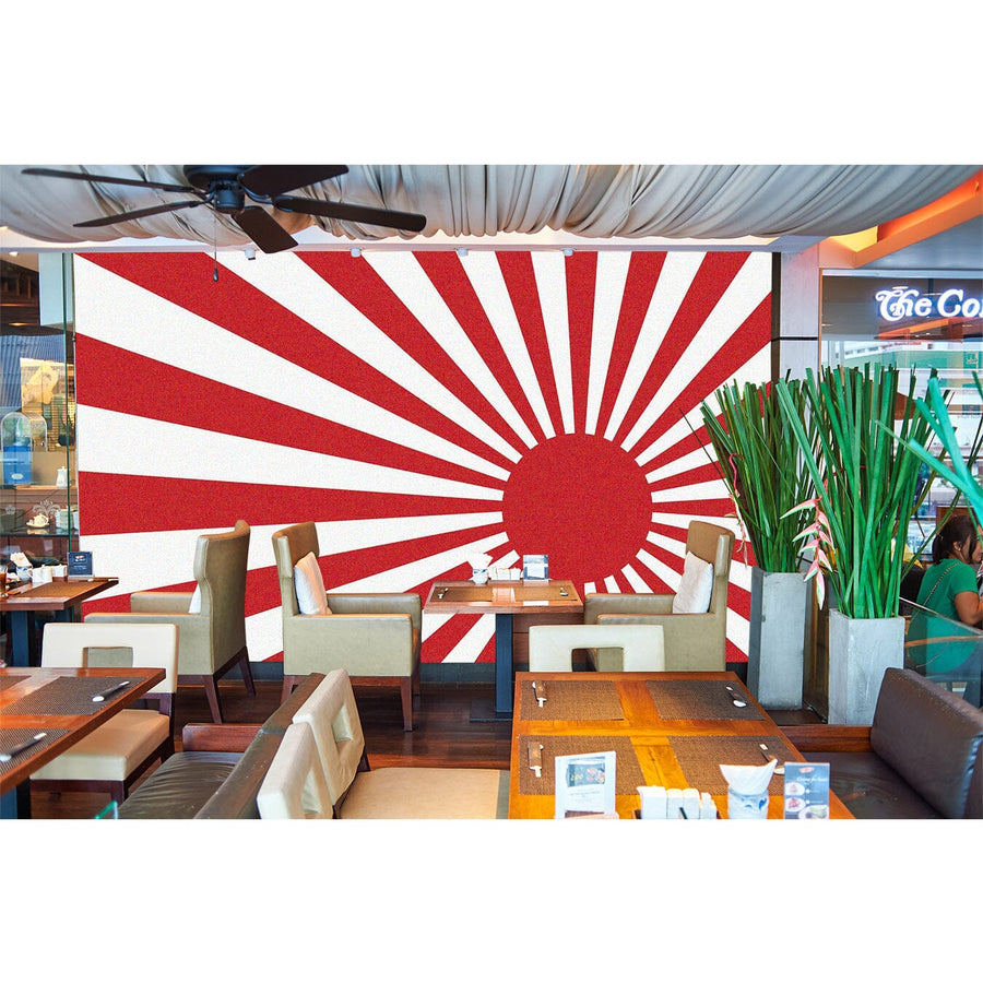 The MAPS Rising Sun Wall Mural features a red circle with rays on a white background, echoing the Rising Sun Flag. Ideal for both custom printed and peel-and-stick applications, it transforms any space effortlessly with its eye-catching design.