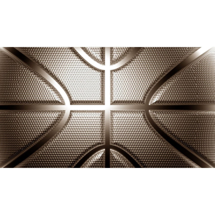 A modern bedroom showcases the Basketball Wall Mural with a close-up texture, yellow and blue pillows, a desk with computer and chair, window blinds, a basketball on the floor, and framed sports artwork for a sporty vibe.