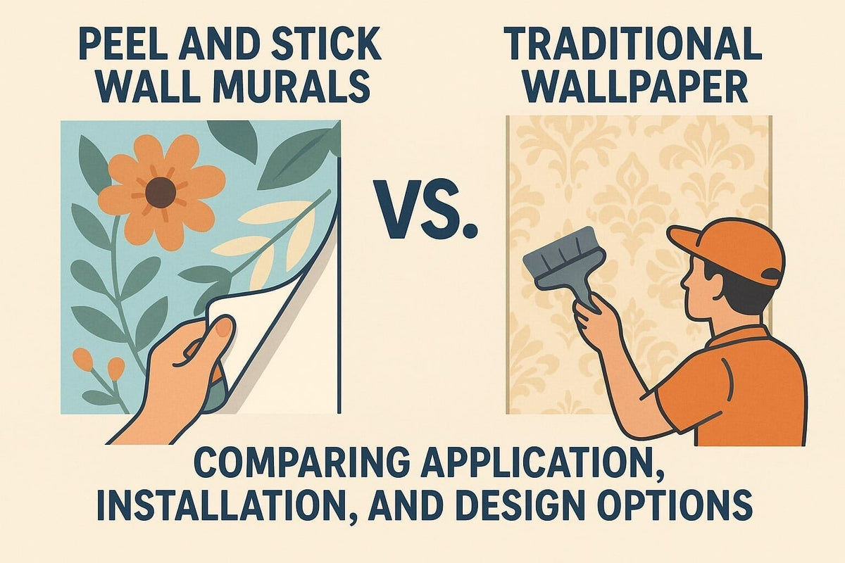 Side-by-side image of peel and stick mural being applied and traditional wallpaper installed with a smoothing tool.