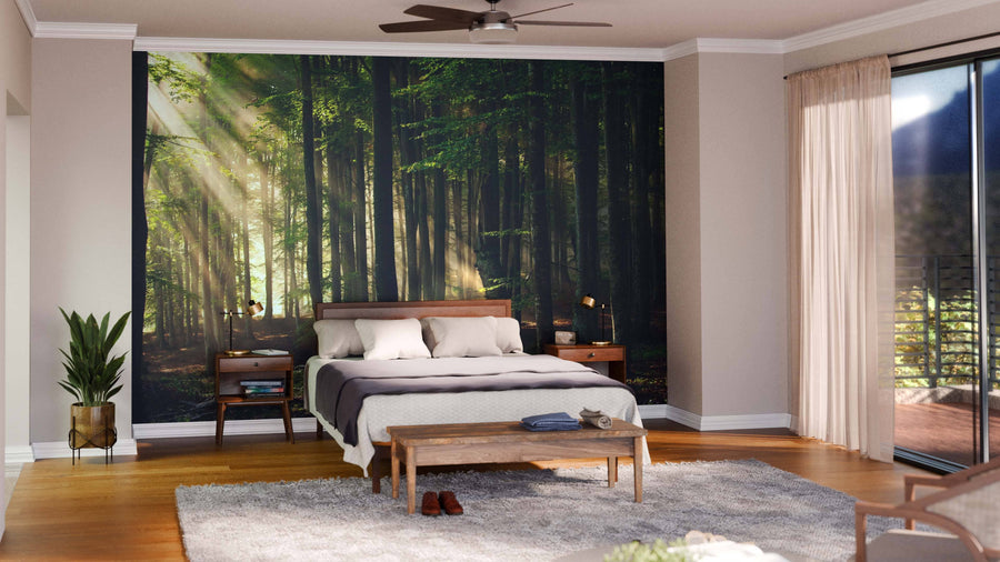 A cozy bedroom features a bed, wooden nightstands, and a bench facing the Autumn Forest Trees Wall Mural. A potted plant sits by the bed. Sheer curtains cover glass doors, bathing the space in natural light.