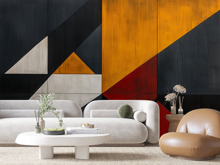 The modern living room is highlighted by the Abstract Contrast Wall Mural, displaying geometric shapes in black, orange, yellow, and red. It pairs well with light gray sofas, a low white oval coffee table with greenery and books, a round brown chair, and a wooden side table adorned with dried flowers.