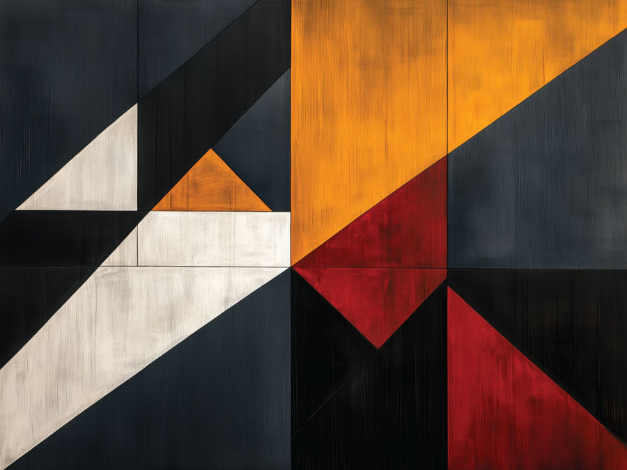 The modern living room is highlighted by the Abstract Contrast Wall Mural, displaying geometric shapes in black, orange, yellow, and red. It pairs well with light gray sofas, a low white oval coffee table with greenery and books, a round brown chair, and a wooden side table adorned with dried flowers.