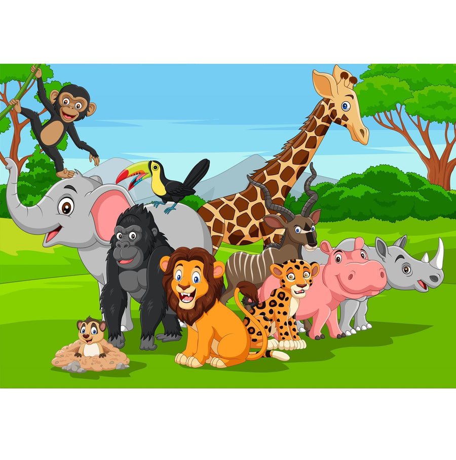 A bright nursery with wooden floors and white furniture features the All Together Wild Wall Mural of cartoon jungle animals. Playful touches like toys, a crib, and a rocking horse complete this cheerful space with stylish, removable wallpaper accents.
