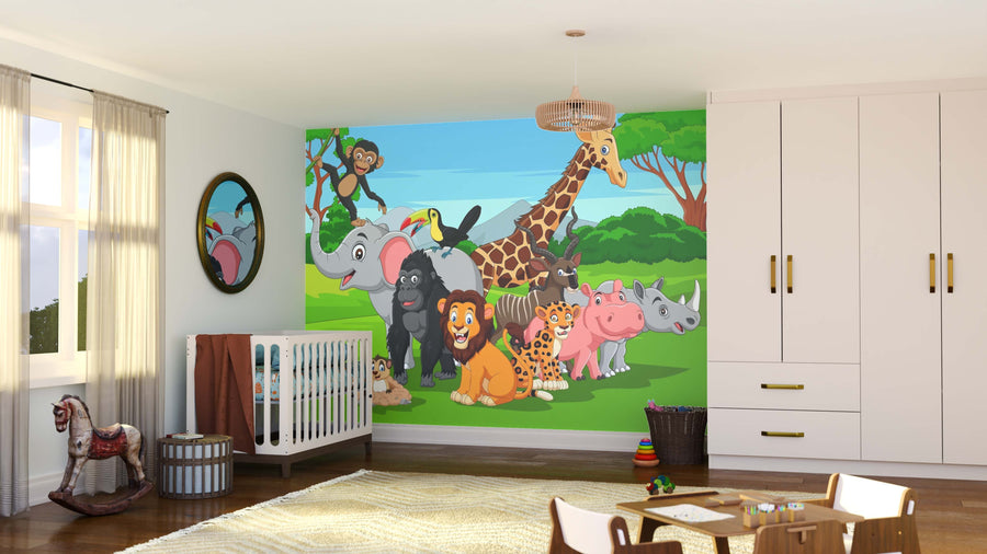 A bright nursery with wooden floors and white furniture features the All Together Wild Wall Mural of cartoon jungle animals. Playful touches like toys, a crib, and a rocking horse complete this cheerful space with stylish, removable wallpaper accents.