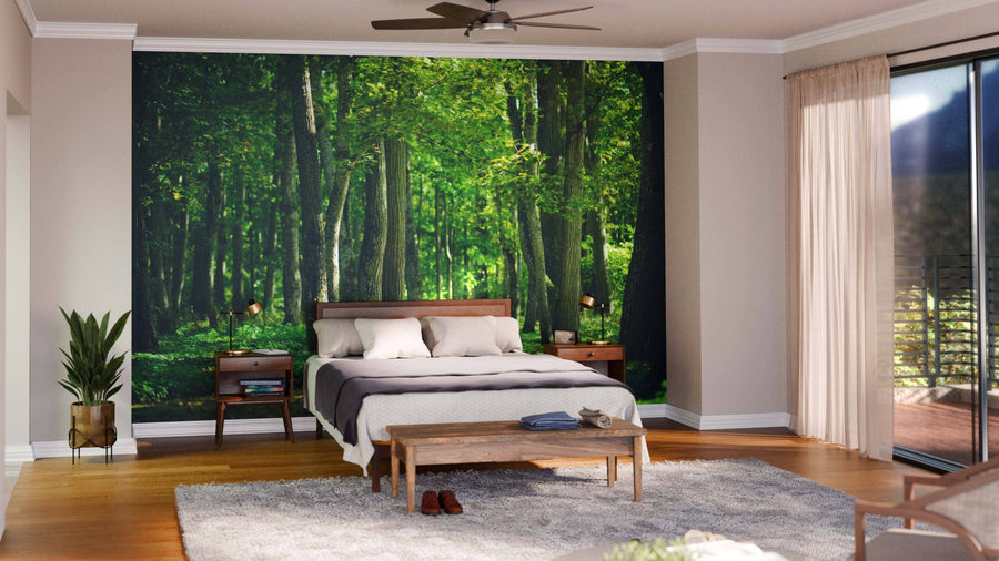 A bedroom featuring the "Alley in the Forest Wall Mural" behind the bed, with wooden floors, a modern bed in white bedding, nightstands, a potted plant, a rug, and sheer curtains letting in natural light.