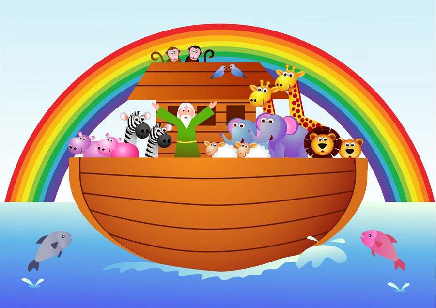 Create a cozy nursery with the Cartoon Animal Wall Mural, featuring smiling animals and a rainbow over blue water. Just peel and stick to transform the space—add white furniture, toys, shelves, framed pictures, and a plant for the perfect look.