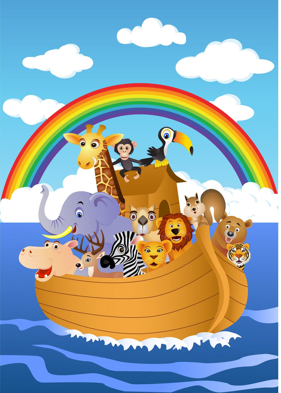 A nursery with a crib, soft decor, and the Animal Cartoons Wall Mural—a large peel and stick mural of cartoon animals on Noah’s Ark beneath a rainbow. The room has neutral walls, beige curtains, soft lighting, and neatly arranged children’s toys.