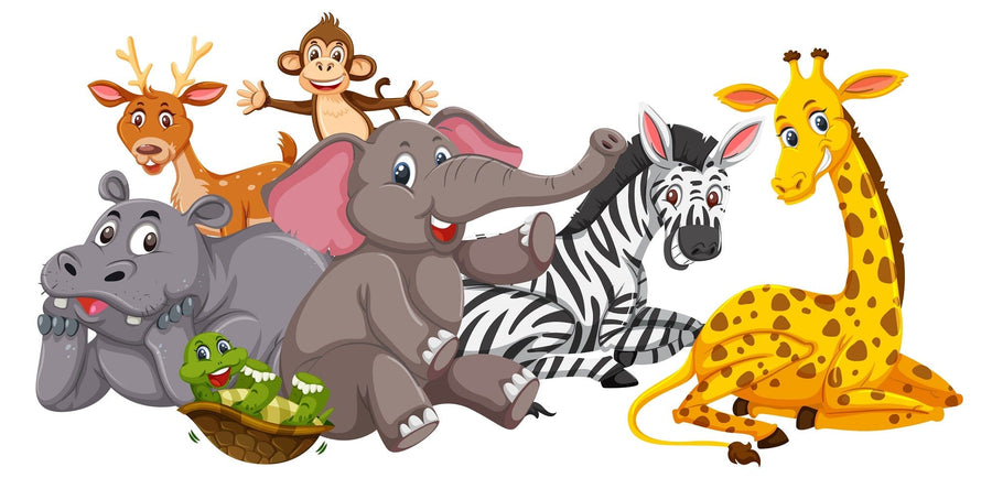 A bright nursery with a crib, toys, and the Animal Fun Time Wall Mural featuring cartoon animals. Sunlight filters through curtains onto the playful decor, table, and rug.