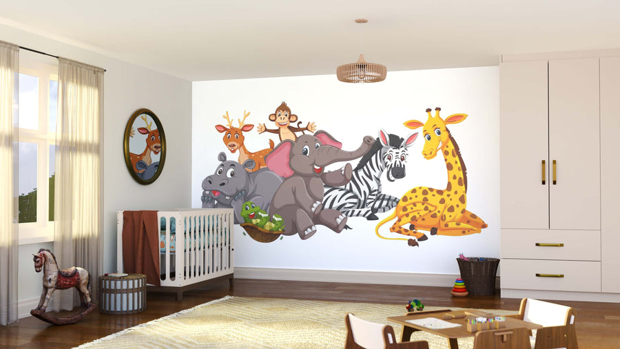 A bright nursery with a crib, toys, and the Animal Fun Time Wall Mural featuring cartoon animals. Sunlight filters through curtains onto the playful decor, table, and rug.